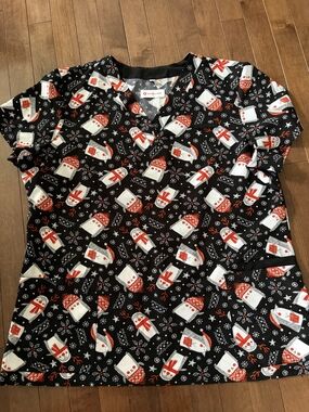 White Cross Black Holiday Penguin Print Scrub Top - Red & White Accents